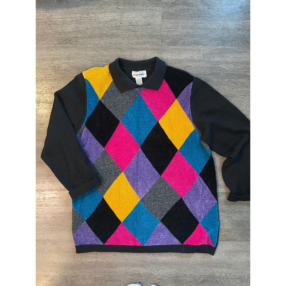 VTG Alfred‎ Dunner Grannycore Argyle Knit Polo Sweater Size Medium